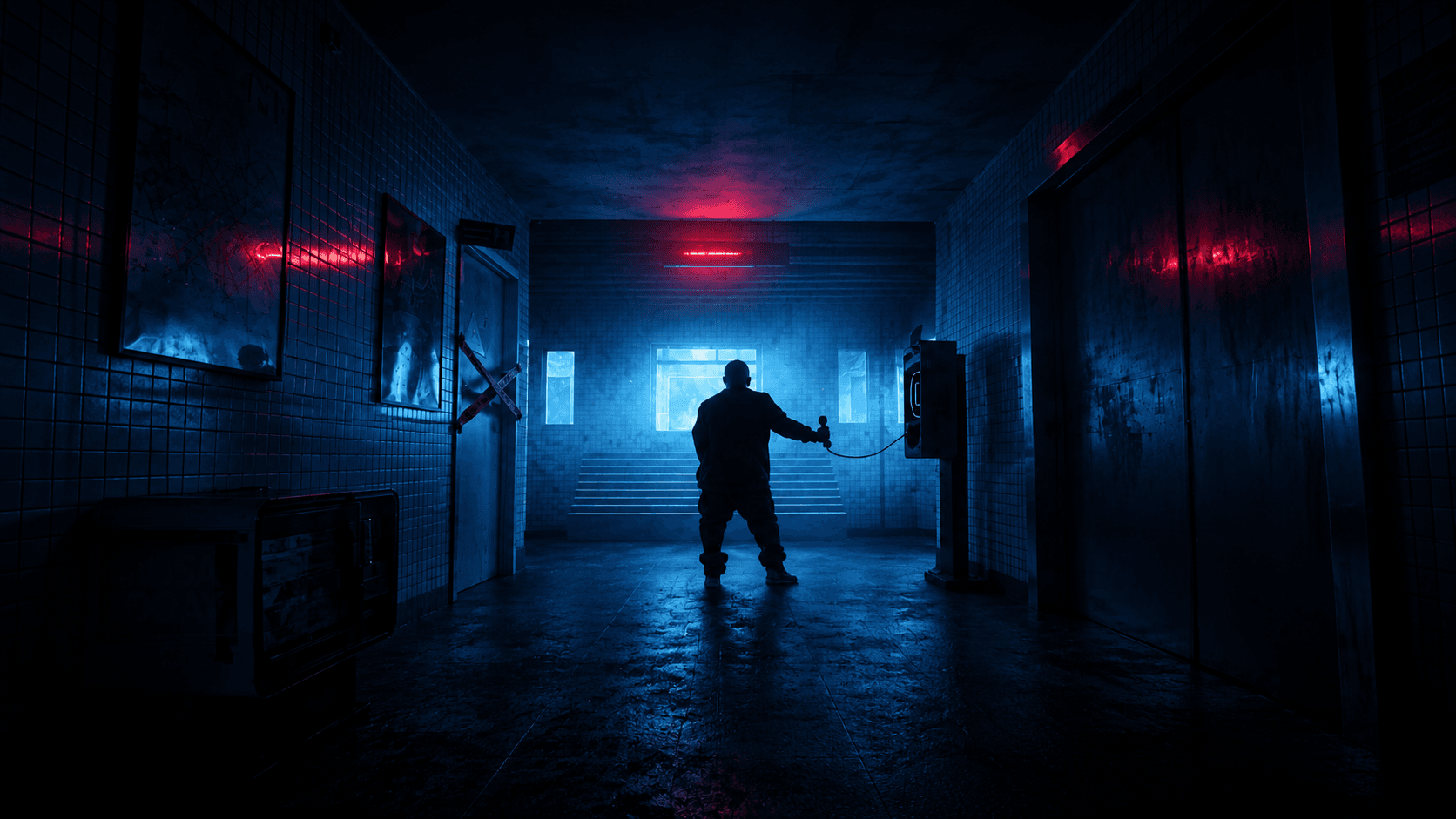 A lone figure at a payphone in a blue-lit corridor